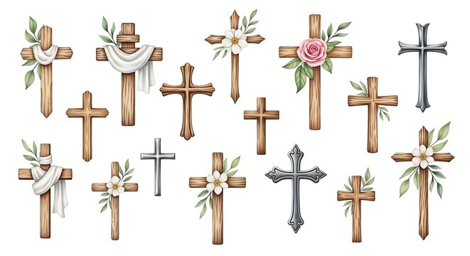 Collection of wooden christian crosses decorated with white flowers, green leaves, and white fabric faith