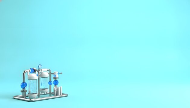 Industrial water filtration system model with pipes and glass tanks on blue background.