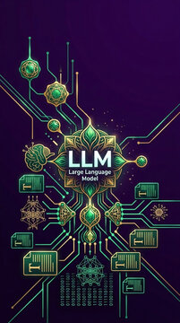 Intricate digital network with green and gold accents, representing a large language model, symbolizing AI and data processing with a cosmic feel