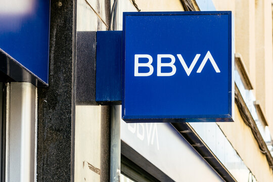 Barcelona, Spain-June 26, 2026. Blue bbva bank sign on building exterior