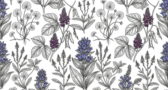 Botanical seamless pattern with medicinal and cosmetic plants vector illustration
