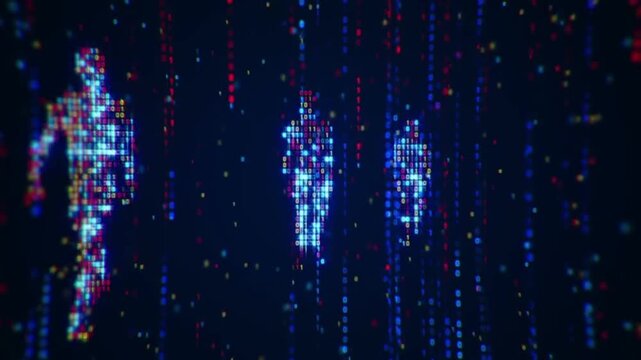 An abstract, futuristic animation of walking human silhouettes. These silhouettes lack physical form; instead, they are composed entirely of streams of neon-glowing binary code (zeros and ones).
