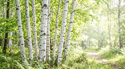 Fototapeta premium Birch trees stand grouped in a sunlit forest clearing