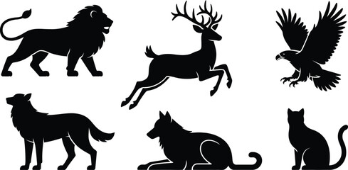 Black animal silhouettes, wildlife icons, vector set, six creatures, lion, deer, eagle, dog, wolf, cat © KABIR678