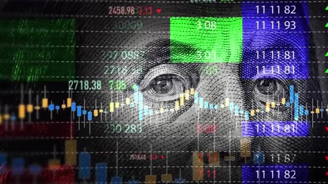 An abstract visualization of the modern financial world, blending the eye from the Benjamin Franklin portrait on a US$100 bill with dynamic stock market data.