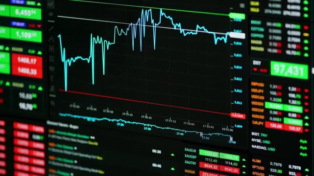 A monitor display showing the real-time movement of stock charts and financial instruments.