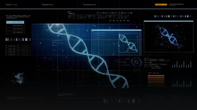 This digital interface features various modern graphic elements, such as data charts, micro-scanning windows, lines of programming code, digital indicators, and futuristic text. 