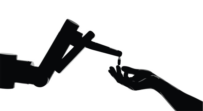 Robot hand giving money to human hand silhouette