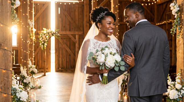 Wedding couple at a rustic barn, side angle view of a bride and groom walking through a rustic barn aisle, concept of rustic wedding and country romance