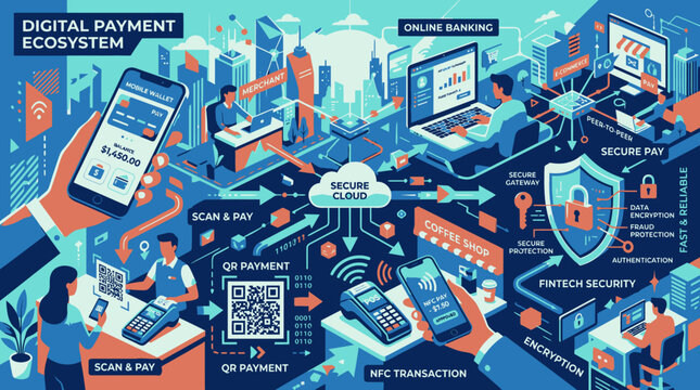 Isometric illustration of secure online banking and mobile financial transactions in a connected digital technology ecosystem