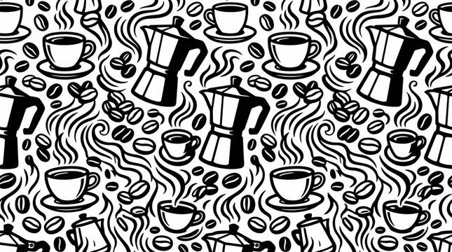Coffee Pattern: Moka Pots, Cups, Beans and Steam - Black and White Graphic