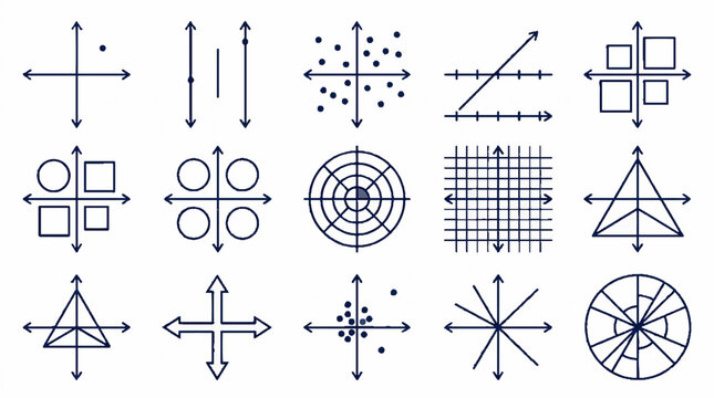 Collection of mathematical coordinate systems and geometric graph icons on white background.