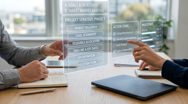 Business professionals working together on project strategy, defining goals, action items, and timelines using interactive virtual interface.
