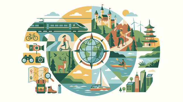 Comprehensive travel and eco-friendly tourism concept illustration featuring transport modes outdoor activities and global landmarks in a circle