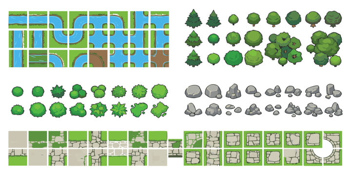 Set of top down game map tiles with rivers trees bushes rocks and road path elements for strategy games
