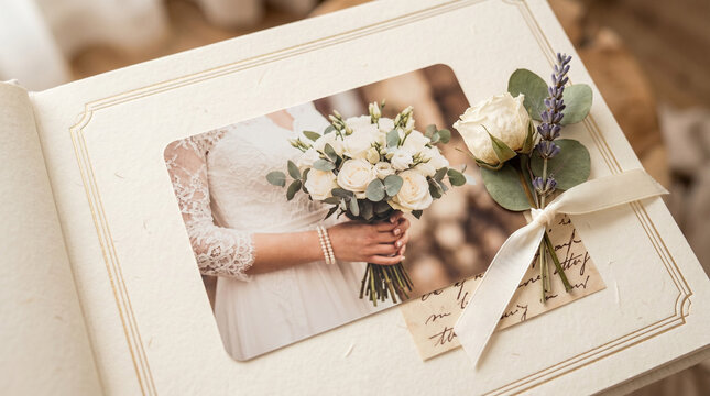 Wedding album with bride&rsquo;s bouquet photo and decorative elements