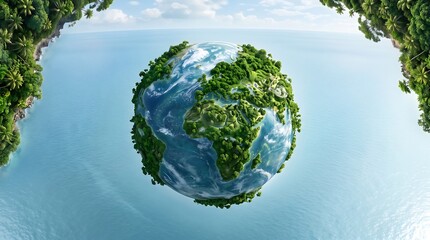 Fototapeta premium Earth from above lush green forest covering the globe surrounded by blue ocean