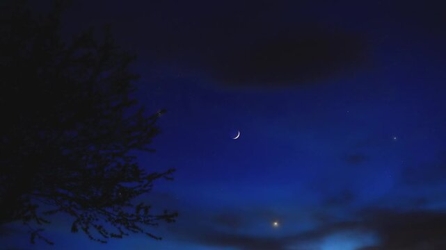 Crescent Moon, planet conjunction and landscape scenery silhouettes. Real-time twinkling stars.
