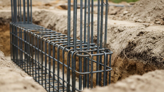 Steel rebar cage reinforcement for concrete foundation in a ground trench at a construction site, structural engineering