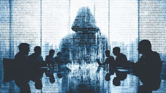 Silhouetted business meeting overlaid with digital hacker shadow.