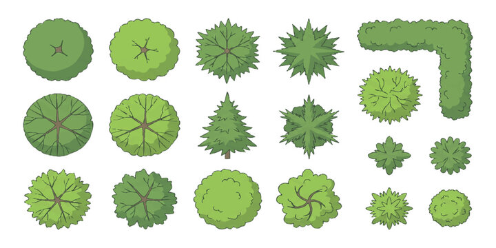 Set of top view tree icons for landscape design architectural plans or garden landscaping site map elements