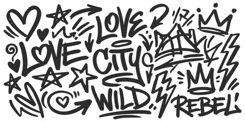 Set of hand drawn graffiti street art elements including hearts stars crowns and words like love city wild © ZenVectors