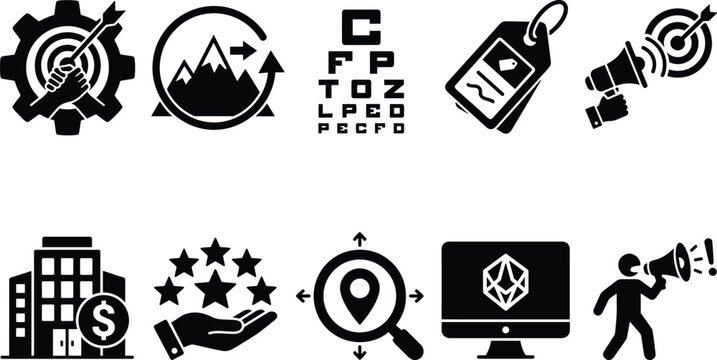 Corporate strategy and market analysis icons depicting goal orientation and professional vision silhouettes.