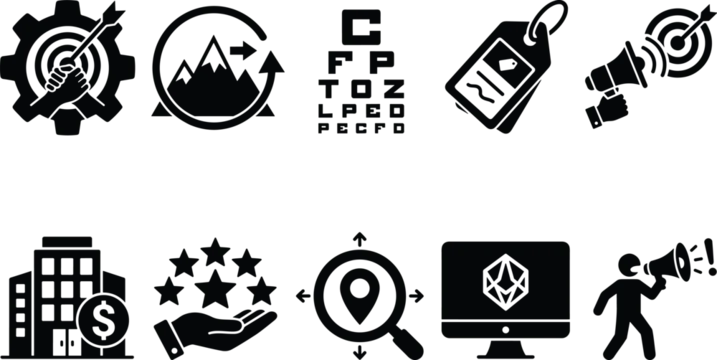 Corporate strategy and market analysis icons depicting goal orientation and professional vision silhouettes.