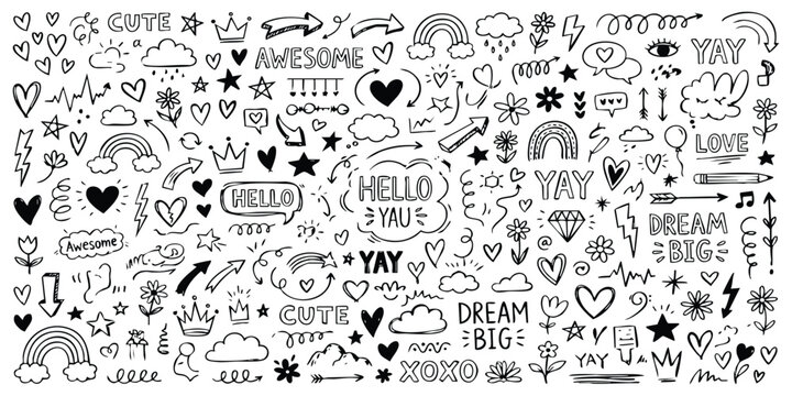 Large collection of cute hand drawn doodle icons with hearts stars rainbows and motivational words for design