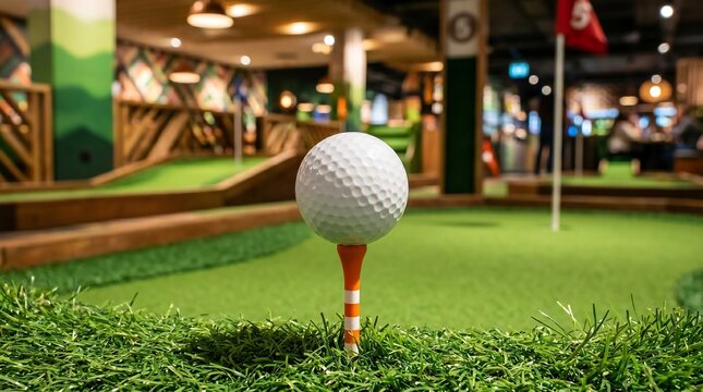 Golf ball on tee in indoor mini golf course with green turf