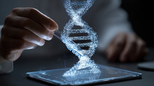 Scientist holding a glowing digital dna strand hologram above a tablet in a dark laboratory