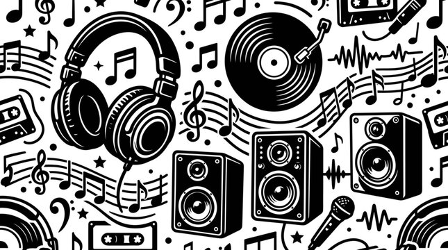 Retro Music Pattern: Headphones, Speakers, Vinyl, Cassettes, Notes
