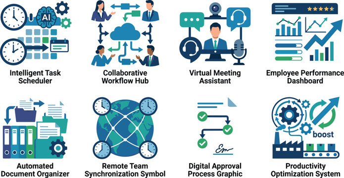 Business productivity and digital workflow icons set featuring task automation remote teamwork performance dashboard and artificial intelligence planning
