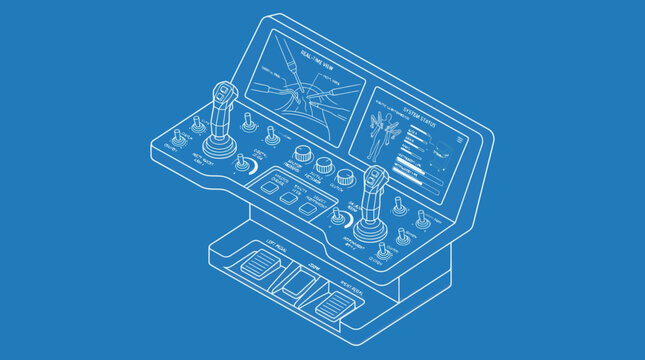 Blueprint style illustration of a flight simulator cockpit control panel