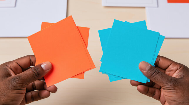 Hand holding orange card and blue card over desk, office comparison concept