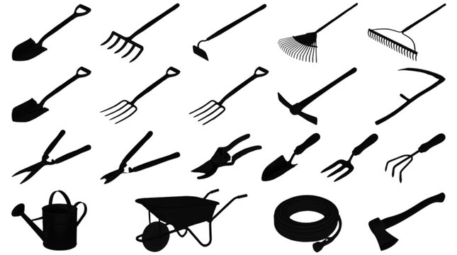 Minimalist black metal tools and hardware icons set isolated on transparent background, Vector