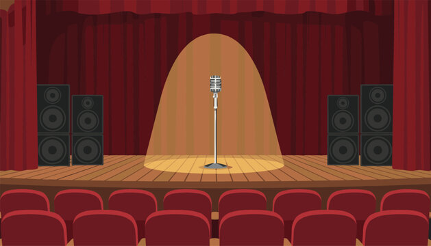 Empty theater stage with a single silver microphone under a spotlight in front of closed red velvet curtains and rows of seats.