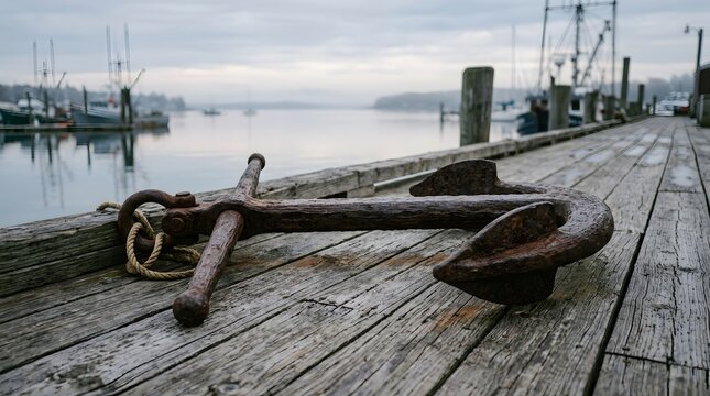 Rusty anchor on wooden dock by calm sea 