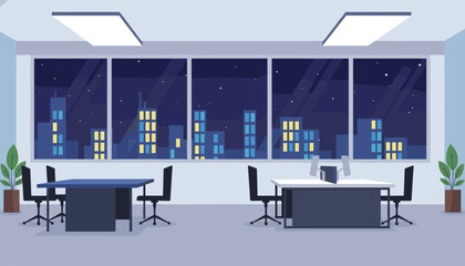 Fototapeta premium Modern office workspace featuring desks and computers with a panoramic night view of a glowing city skyline through big windows.