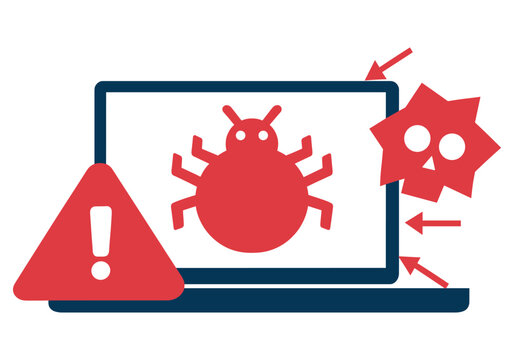 Warning signs of virus and malware on a computer screen with alert symbols