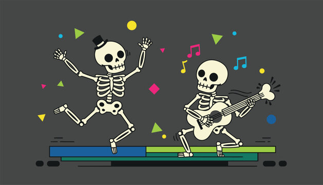 Two happy skeletons celebrating the Day of the Dead by dancing and playing guitar music amidst colorful falling party confetti.