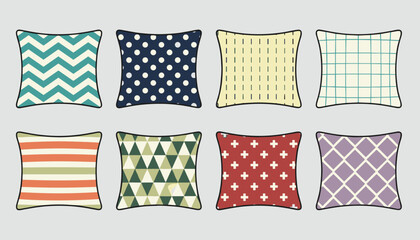Obraz premium Selection of eight square throw pillows featuring various patterns like chevron, polka dots, stripes, and geometric shapes.