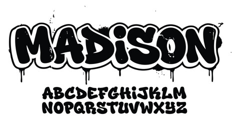 Black and white graffiti font style alphabet with dripping paint effect and bold bubble letters for design © ZenVectors