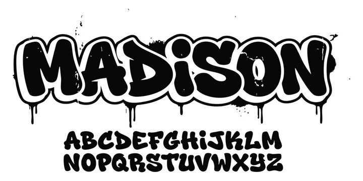 Black and white graffiti font style alphabet with dripping paint effect and bold bubble letters for design