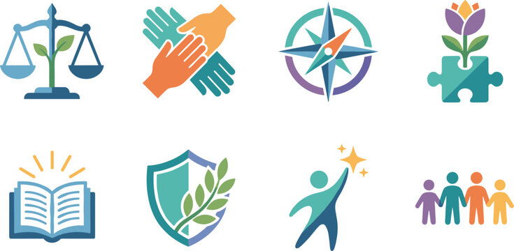 Core values and corporate social responsibility icons set featuring justice teamwork ethics growth unity and community concepts