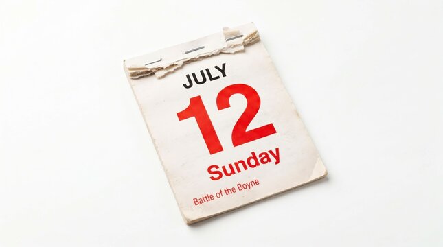 Vintage tear-off calendar page for July 12 Sunday, antique paper daily planner sheet, retro date reminder for Battle of the Boyne anniversary