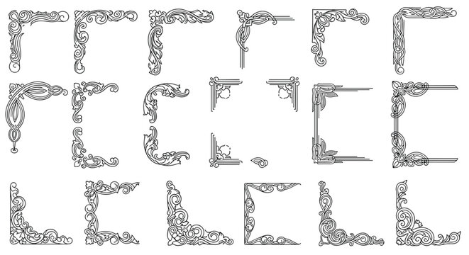 Collection of ornate corner ornaments with classical floral and scroll patterns in a black and white engraving style.