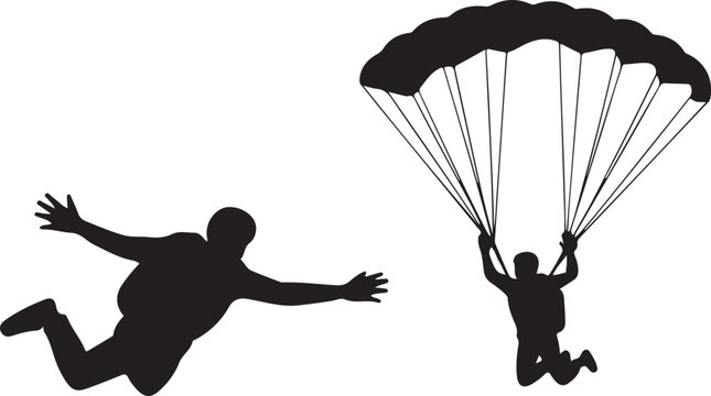 Person falling and parachutist with parachute