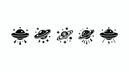 Set of UFO Flying Saucer Icons with Planets and Stars © kibol