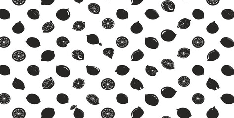 Fototapeta premium Seamless Citric Pattern Featuring Black Silhouette Lemon Lime and Orange Slices on White Background for Textile Wrapping Paper and Wallpaper Backgrounds